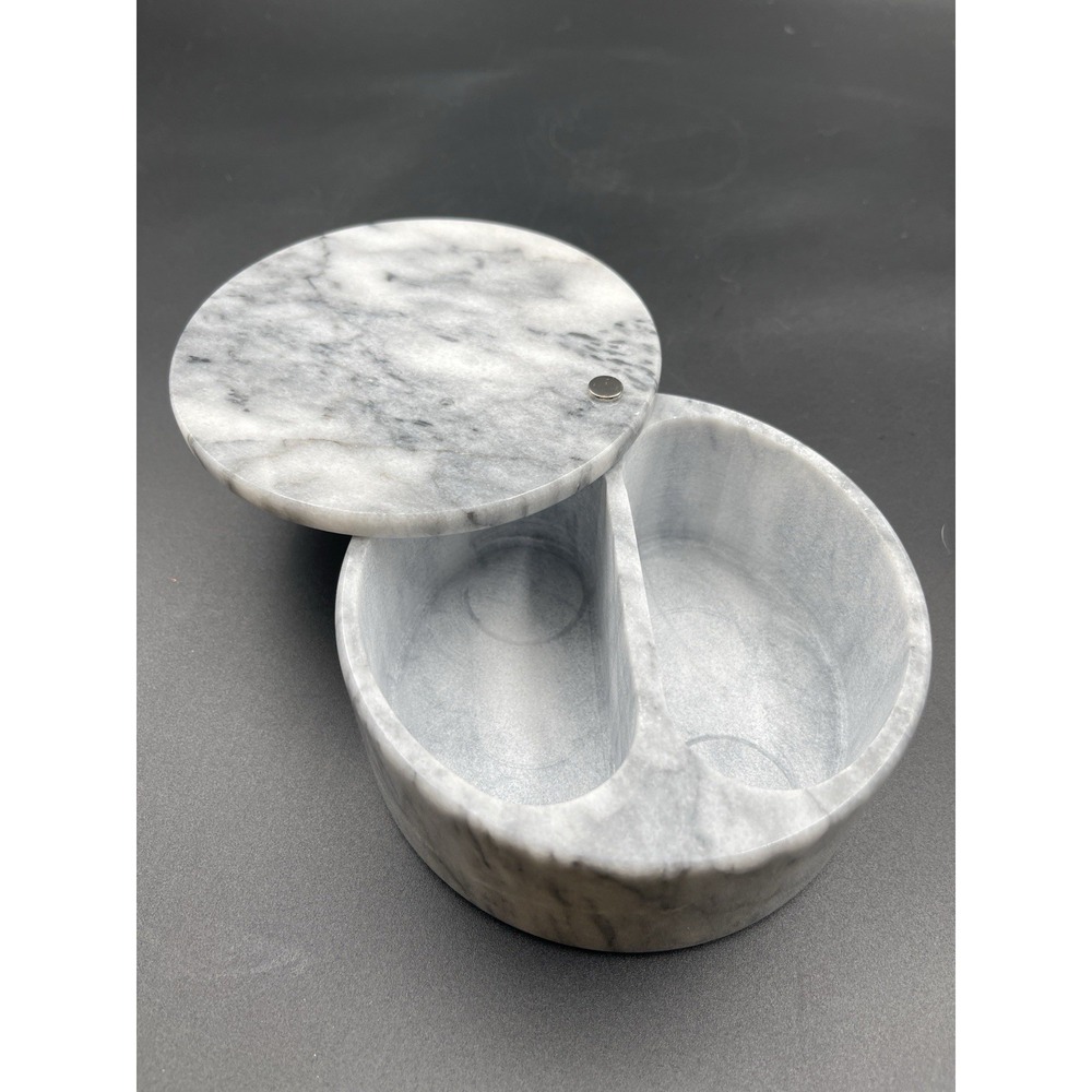 Marble Salt Cellar Double Compartment w/ Swivel Lid Spice Container